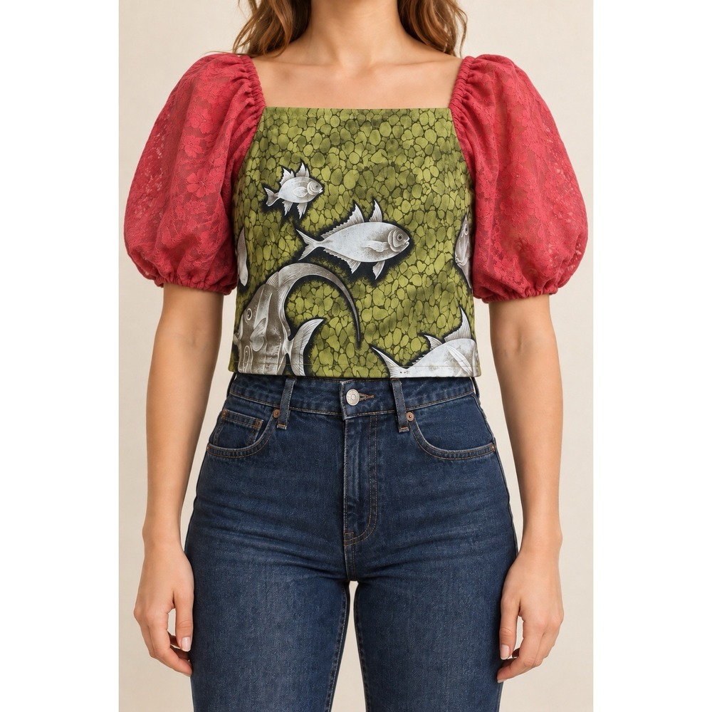 OOAK Handmade Women's Small Reversible Fish Crop Top Blood Orange Lace Sleeves